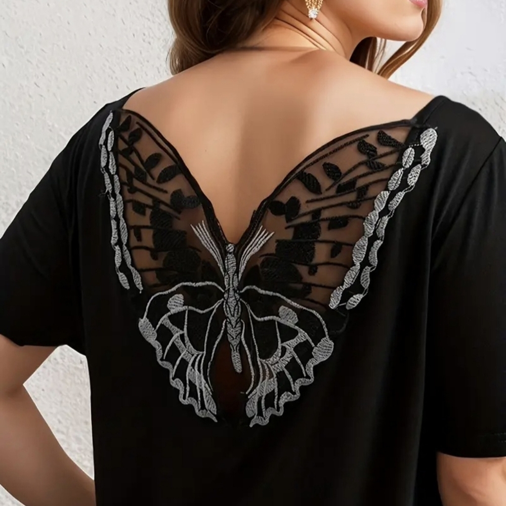 Temu Blue Top with Butterfly Lace Design
